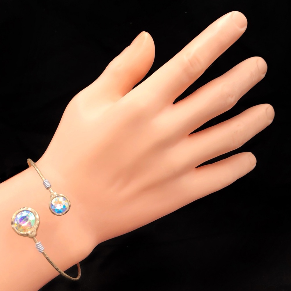 AB Iridescent Rhinestone Minimalist 2-Tone Bypass Bangle Bracelet - Picture 2 of 2
